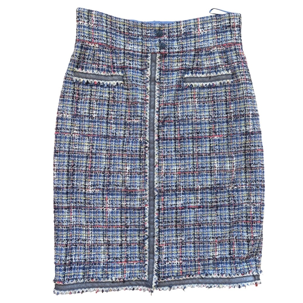 Chanel 09P Blue Multi Tweed Pencil Skirt Silk Lined FR 44 or‎ US 12
